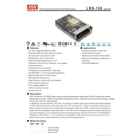 MEAN WELL - LRS-150-36 - SPECYFIKACJA - SPECIFICATION - KARTA PRODUKTU - 1